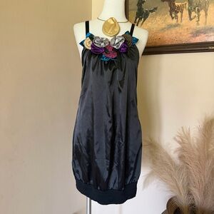 Black Satin Mini Dress with Multicolor Rosette Neckline